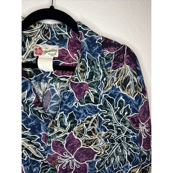 Vtg Hilo Hattie Shirt Mens XL Green Blue MaroonHawaiian Floral Print Button Up - Picture 1 of 5